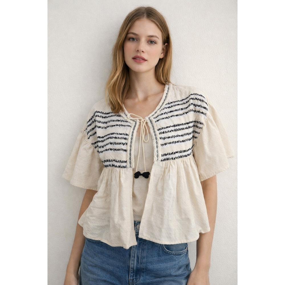 Boho Indie Zara Embroidered Linen Blend Tie Front Peplum Top Cream Black XS-S